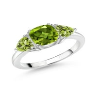 Drágakő Király 2. Ct Párna Zöld Peridot Ezüst 3-Kő Eljegyzési Gyűrű