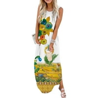 Pxiakgy ruhák nőknek Női ujjatlan zseb alkalmi virágnyomtatás strand hosszú Maxi laza ruha Női alkalmi ruha Sárga +