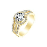 Kerek alakú fehér köbös Cirkónia 14k sárga arany felett ezüst Halo menyasszonyi gyűrű szett