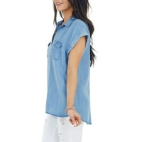 amousa Női Alkalmi Egyszínű V-nyakú zseb rövid ujjú farmer viselet felsők póló pólók ingek nőknek