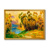 Barna fák a folyópart mellett esti fényvázas festmény vászon művészete