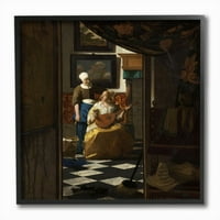 Stupell Industries szerelmi levél reneszánsz nő Vermeer klasszikus festmény fekete keretes művészet nyomtatott fali