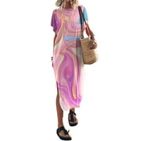HHei_K női nyári póló ruha Raglan ujjú Crewneck nyomtatás laza rés oldalán hosszú strand ruhák érettségi ruha
