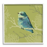 Stupell Industries kicsi kék madár ülő modern, réteges botanikumok grafikus művészet fehér keretes művészet nyomtatott