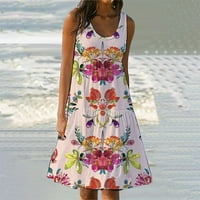 Női ruhák Clearance Midi ruha, A-Line Ujjatlan Divat Kerek nyakkivágással virágos nyári ruha Rózsaszín XL