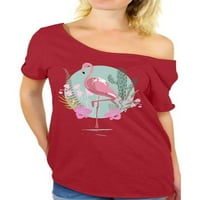 Kínos stílusok rózsaszín virágos flamingó le a váll Tshirt női nyári ajándékok neki rózsaszín flamingó Női Off váll
